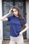 Women's Crew Neck Wrinkle-Free Span Blend Stylish Short Sleeve Stretch Fabric T-Shirt Blouse-Indigo - 2