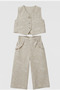 Girl's Cotton Piece Beige Embroidered Vest and Pants Set - 3