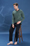Men's Combed Cotton Half Button Detail Long Sleeve Pajama Set 2127 Khaki - 3