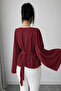 Burgundy Round Neck Detail Long Sleeve Self Belted Crepe Fabric Blouse - 2
