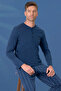 Large Size Men's Combed Cotton Half Button Detail Long Sleeve Pajama Set 2145 Navy Blue11 - 2