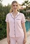 Women's Pink Striped Front Button Shirt Collar Satin Piped Chest Pocketed Viscose Short Sleeve Pajama Set - 7