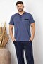Men's Blue Big Size Patterned 3-Button 100% Cotton Wide Fit Short Sleeve Pocketed Pajama Set - 3