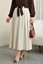 Thick Belt Layer Tivil Skirt with Pleated Side Zippers on the Front - Beige - 3