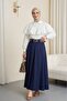 Thick Belt Layer Thick Skirt with Pleated Side Zippers - Navy Blue - 3