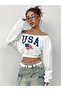 Women's Usa Flag Printed Cropped Boat Neck Sweatshirt - 5