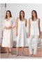 Women's Ecru Stripe Detailed Strappy 100% Cotton Maternity Pajama Set Nightgown 4-Piece Set - 2