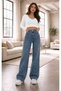 Stretch Fabric Women's Medium Blue Snow Wash Distressed Super High Waist Loose-Leg Denim Loose Palazzo Pants