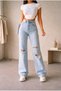 Carla Stretch Fabric Women's Light Blue Snow Wash Ripped Super High Waist Loose Leg Denim Loose Palazzo - 4