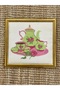 Vintage Framed Hand Embroidered Cross Stitch Floral Tea Set D Patterned Tapestry Painting Green Pink - 2