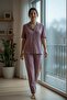Women's Short Sleeve Stretch Fabric Buttoned Pajamas Set Dusty Rose - 2