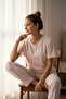 Women's Short Sleeve Stretch Fabric Buttoned Collar Pajama Set Powder - 6