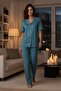 Women's Short Sleeve Stretch Fabric Buttoned Pajama Set Petrol - 5