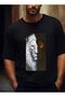 Unisex Oversized Sanatsal Printed Crew Neck Short Sleeve Black T-Shirt