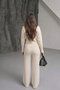 Women's Beige Brown Snap Detailed Polo Collar Blouse Wide Leg Pants Bottom Top Two-Piece Knitwear Set - 4