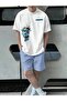 White&Blue Heykel Printed Short Sleeve T-Shirt and Shorts Two-Piece Set
