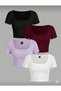 Women's 4-Pack Corded Fabric Ribbed Knit Cotton Pack Body-Hugging Square Collar Cropped T-Shirt