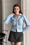 Women's Blue Front Ruched Waist Fitted Long Sleeve Stylish Shirt - 2