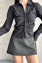 Women's Black Stylish Long Sleeve Shirt with Ruched Waist Buttons on the Front - 5