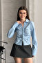 Women's Blue Front Ruched Waist Fitted Long Sleeve Stylish Shirt - 7