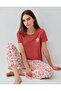 Women's summer burgundy 50% cotton 50% modal pajama set - short sleeve crew neck top and patterned long bottoms, relaxed fit