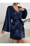 Women's Satin Ruffled Simple and Stylish Short Satin Dressing Gown with Sleeves and Collar Lace Detail - 3