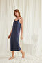 Women'S, Navy Blue, Viscose Piece, Low-Cut, Collar and Sleeves, Lace Piece Dressing Gown Set - 6