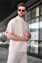Beige Tencel Fabric Men's Shorts T-Shirt Set E7349 - 3