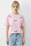 Women's Candy Pink Beaded Stone Embroidered Dragonfly Patterned Comfortable Fit T-Shirt 2212 60283971 - 4