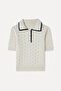 Women's Ecru Jacquard Polo Collar Short Sleeve Sweater - 4