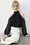 Women's Black Polka Dot Off-The-Shoulder High Neck Chiffon Blouse 0906 60283967 - 2