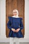 Women's Waist Ruched Pleat Detail Crew Neck Shirt Navy Blue - 3