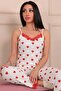 Women's Heart Patterned Lace Piece Pegasus Pajama Set with Rope Straps and Long Bottoms