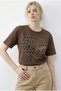 Women's Brown Leopard Heart Stone Embroidered Crew Neck Regular Fit T-Shirt 2210 60283976