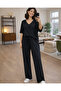 Women's V-Neck Short Sleeve Viscose Blouse Trousers Two Piece Set - 2