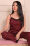 Women's Heart Patterned Lace Piece Pegasus Pajama Set with Rope Straps and Long Bottoms