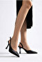 Black Satin Heeled Women's Shoes with Pointed Toe - 4