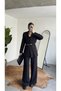 Women's Black Belt Piece Blazer Jacket with Elastic Waist Palazzo Pants Two-Piece Set - 5