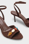 Women's Pointed Toe Ankle Strap Shoes with Sea Stone Detail, Daily Wear Heeled Shoes Marassi Brown Suede - 3