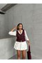 Burgundy Gübür Lace Buttons Vest Standard Size V-Neck Stylish Women's Vest - 4