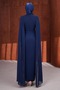 Navy Blue Shoulder Cape Beaded Embroidered Draped Evening Dress - 5
