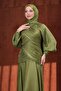 Khaki Draped Front Balloon Sleeve Sparkling Evening Dress - 2
