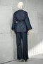 Navy Blue Belted Jacket and Trousers Denim Suit - 4