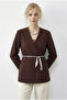 Women's Brown Double-Breasted Collared Blazer Jacket with Scarf Belt 8014 60283988 - 2