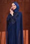 Navy Blue Shoulder Cape Beaded Embroidered Draped Evening Dress - 2
