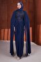 Navy Blue Shoulder Cape Beaded Embroidered Draped Evening Dress