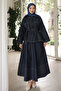 Navy Blue Belted Jacket and Skirt Denim Suit - 2