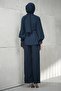 Navy Blue Bel Tie-Detail Tunic Tensel Suit with Trousers - 4