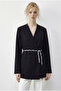 Women's Black Double-Breasted Collar Scarf Belted Blazer Jacket 8014 60283988 - 3