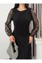 Black Lace Embroidered Pleated Layered Detailed Dress - 5